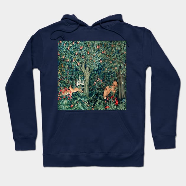 GREENERY, FOREST ANIMALS Fox and Hares Blue Green Floral Tapestry Hoodie by BulganLumini